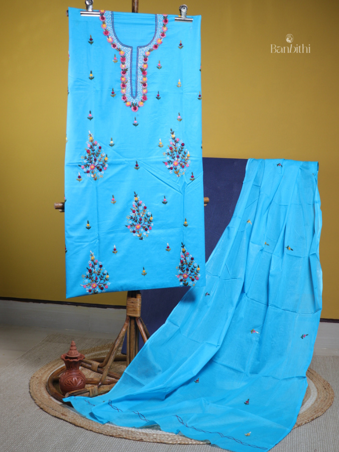 Hand Embroidered Cotton Suit Set – 3 Pcs (Blue)