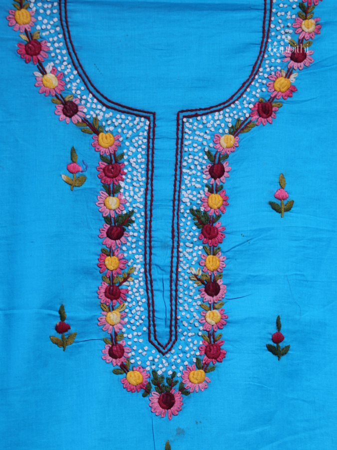 Hand Embroidered Cotton Suit Set – 3 Pcs (Blue)