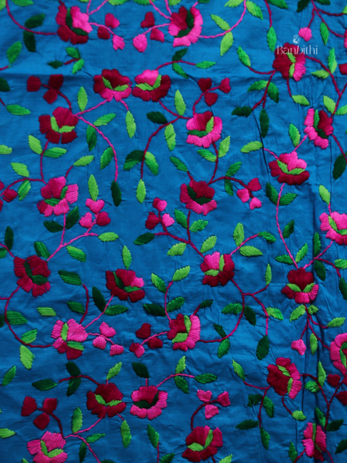 Hand Embroidered Cotton Suit Set – 3 Pcs (Blue with Pink)