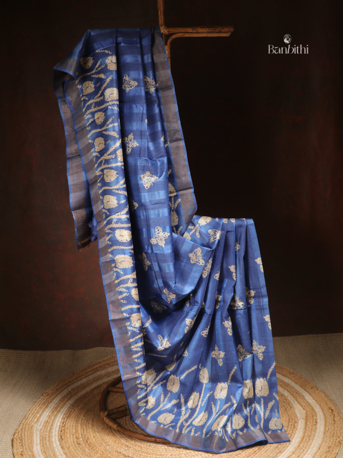 Batik Block Tussar Kosa Silk Saree – Blue