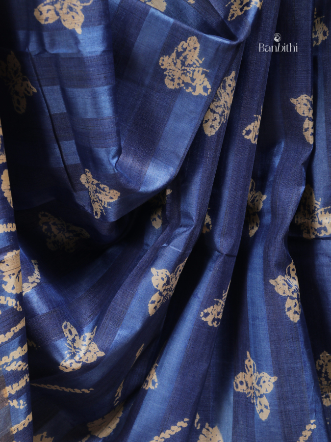 Batik Block Tussar Kosa Silk Saree – Blue