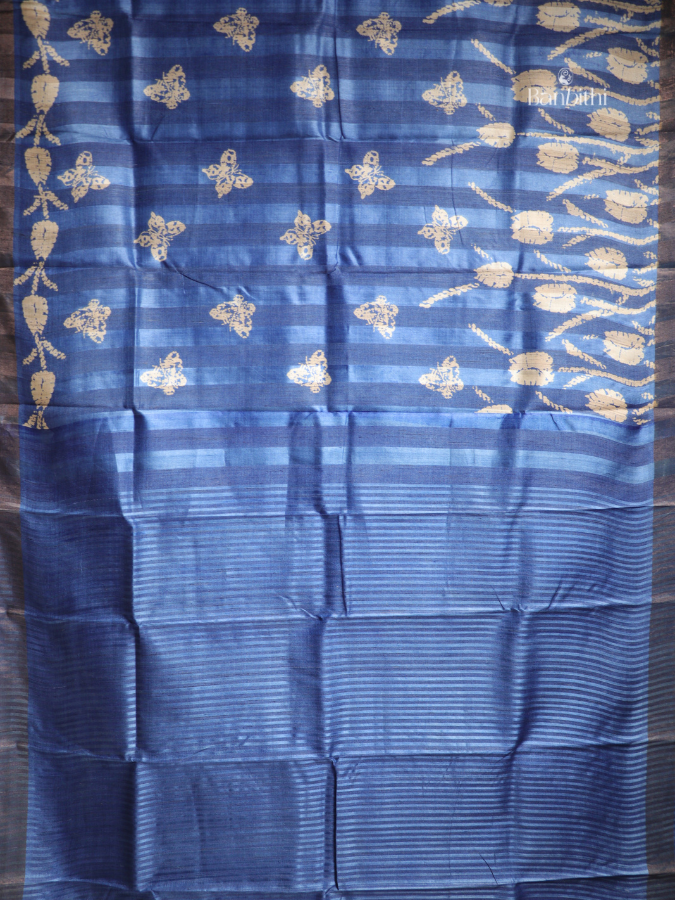 Batik Block Tussar Kosa Silk Saree – Blue