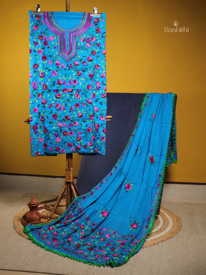 Hand Embroidered Cotton Suit Set – 3 Pcs (Blue with Pink)