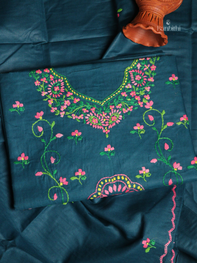 Hand Embroidered Cotton 3-Piece Suit Set – Blue with Pink