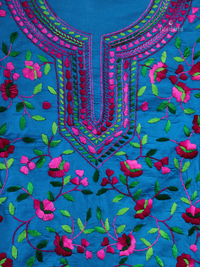 Hand Embroidered Cotton Suit Set – 3 Pcs (Blue with Pink)