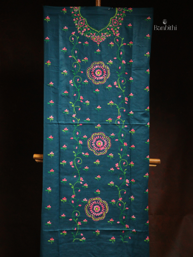 Hand Embroidered Cotton 3-Piece Suit Set – Blue with Pink