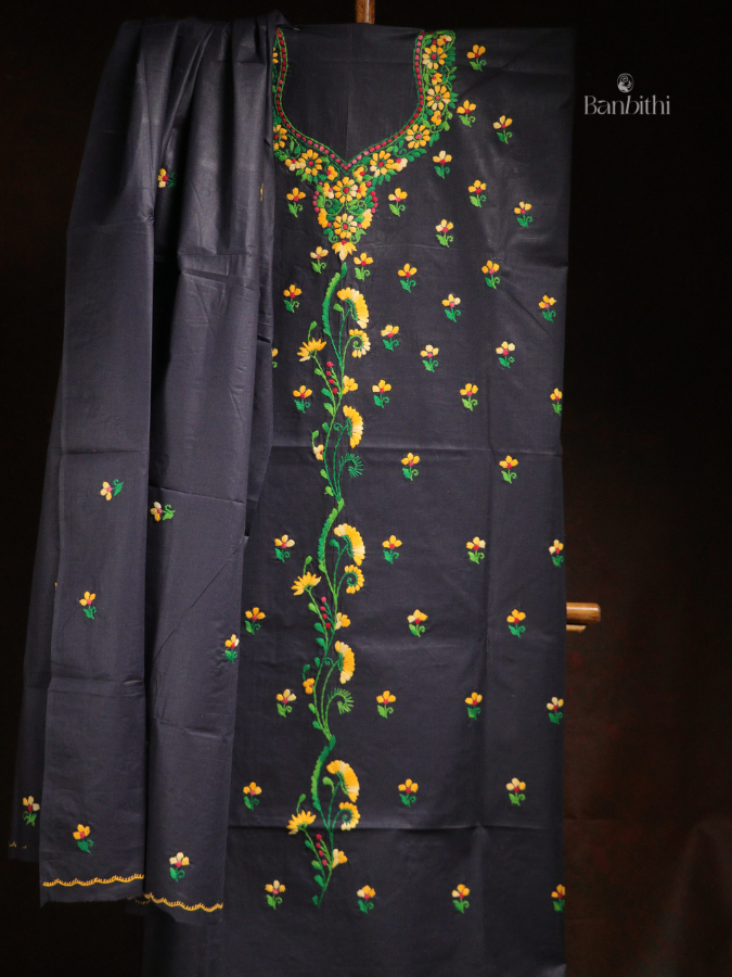Hand Embroidered Cotton 3-Piece Suit Set – Bluish Grey with Yellow
