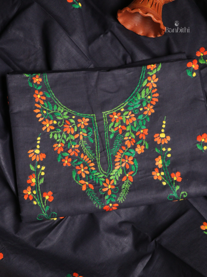 Hand Embroidered Cotton 3-Piece Suit Set – Bluish Grey with Orange