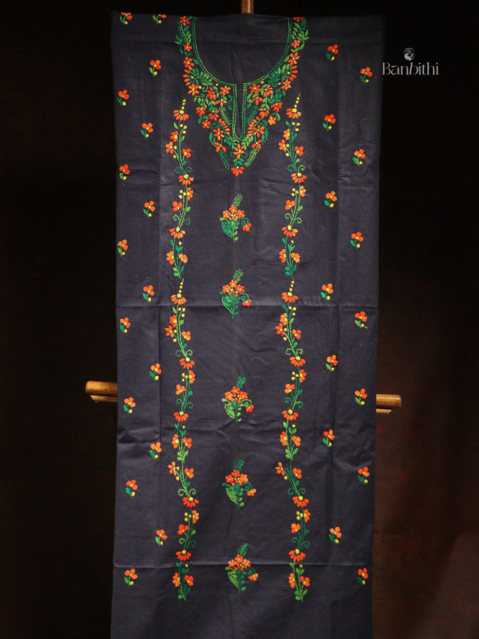 Hand Embroidered Cotton 3-Piece Suit Set – Bluish Grey with Orange