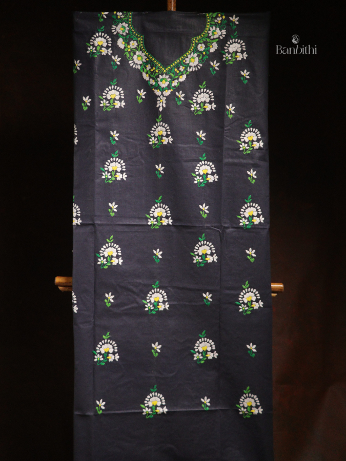 Hand Embroidered Cotton 3-Piece Suit Set – Bluish Grey with White