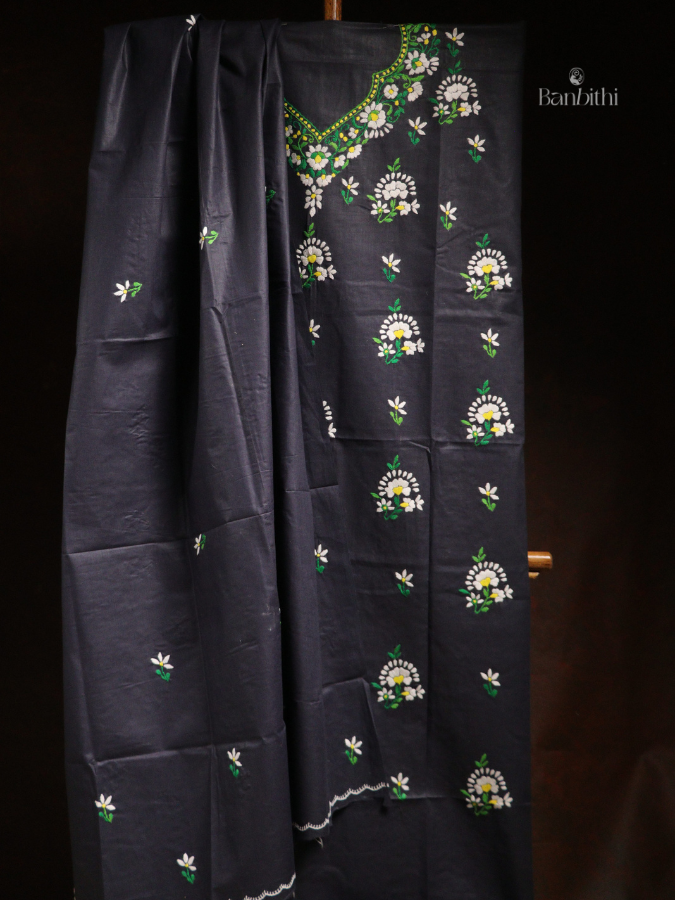 Hand Embroidered Cotton 3-Piece Suit Set – Bluish Grey with White