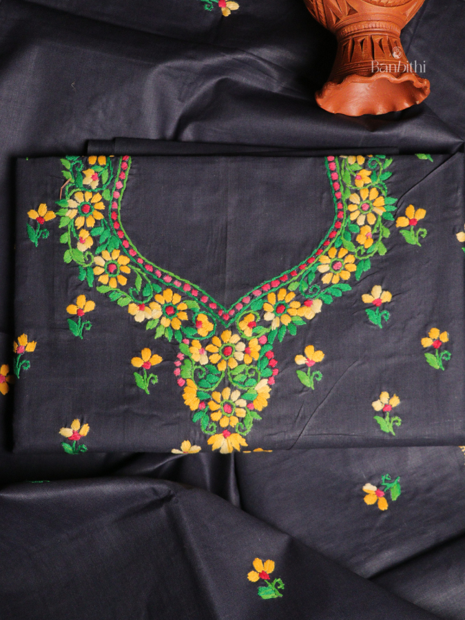 Hand Embroidered Cotton 3-Piece Suit Set – Bluish Grey with Yellow