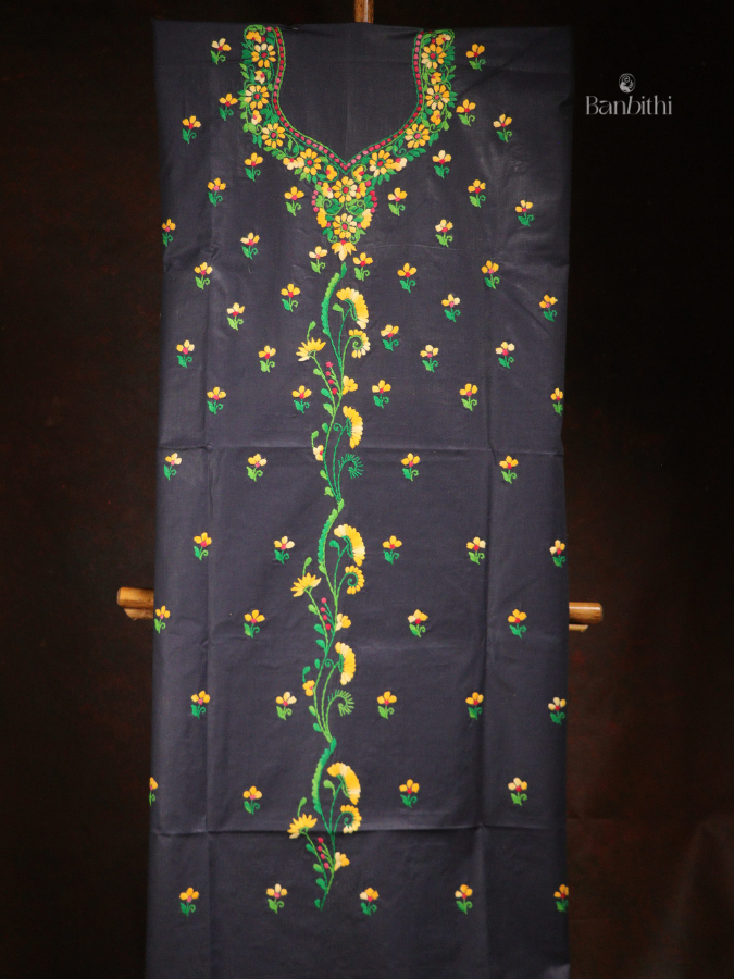 Hand Embroidered Cotton 3-Piece Suit Set – Bluish Grey with Yellow