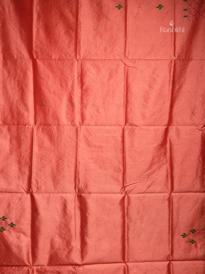 Hand Embroidered Saree – Pink with Red & Green Thread
