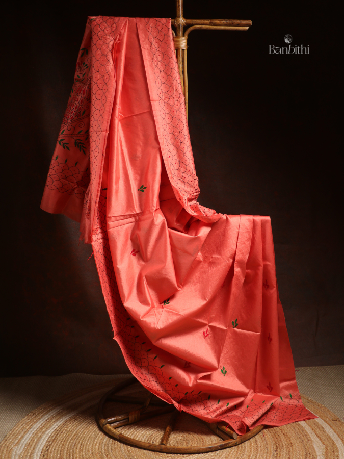 Hand Embroidered Saree – Pink with Red & Green Thread