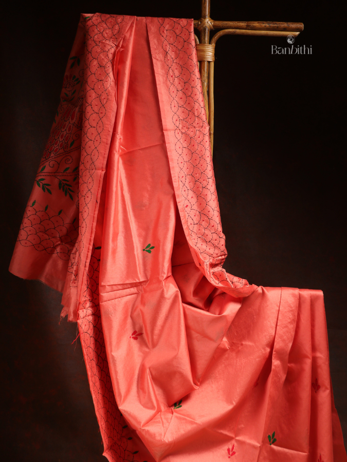 Hand Embroidered Saree – Pink with Red & Green Thread