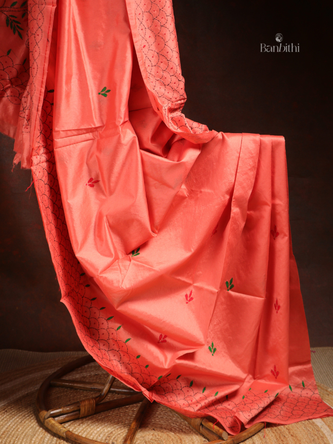 Hand Embroidered Saree – Pink with Red & Green Thread