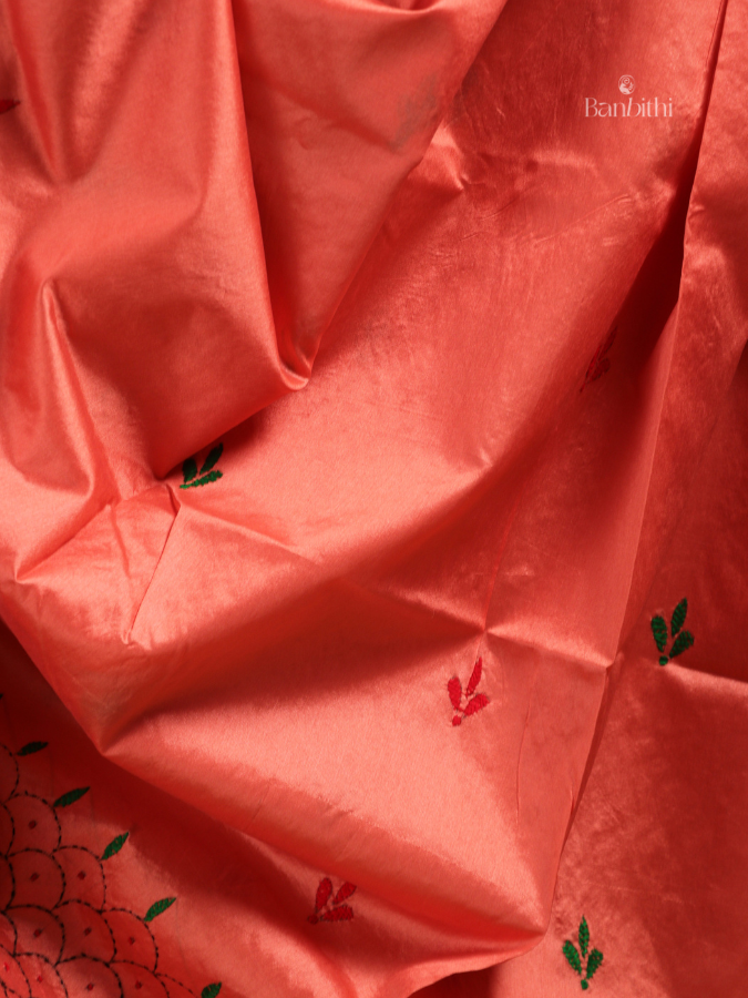 Hand Embroidered Saree – Pink with Red & Green Thread