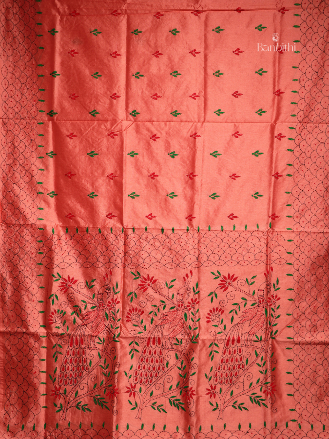 Hand Embroidered Saree – Pink with Red & Green Thread
