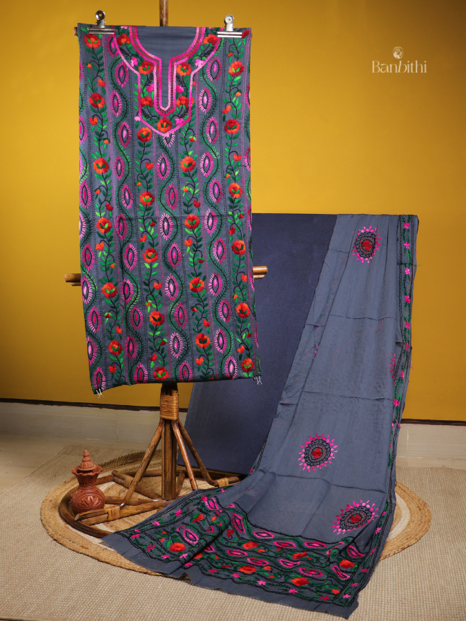 Hand Embroidered Cotton Suit Set – 3 Pcs (Dark Grey)