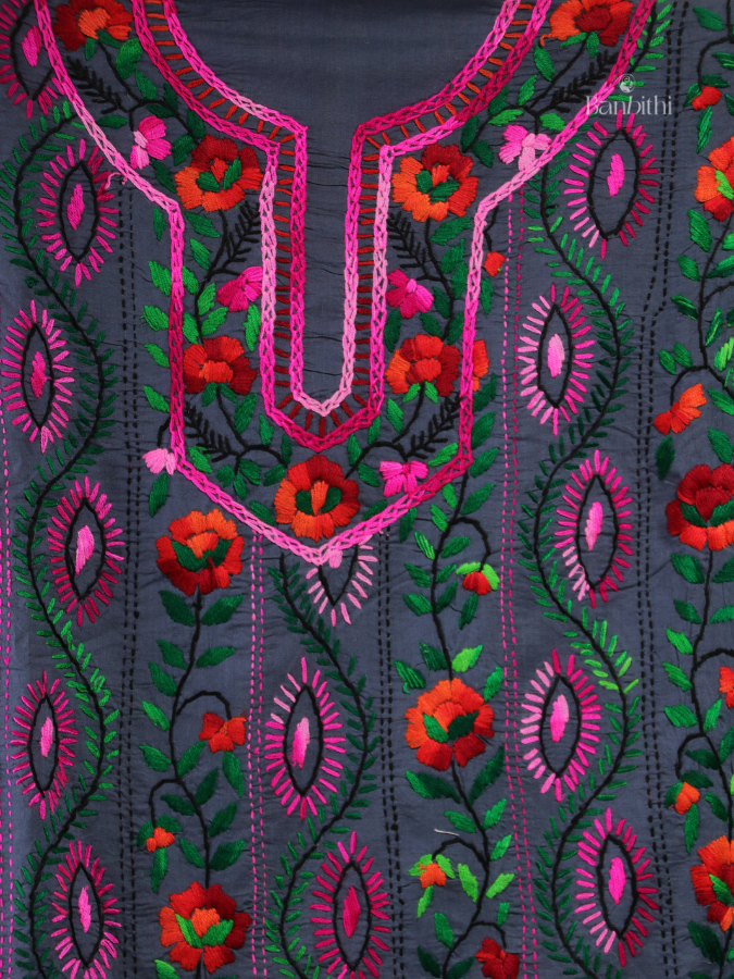 Hand Embroidered Cotton Suit Set – 3 Pcs (Dark Grey)