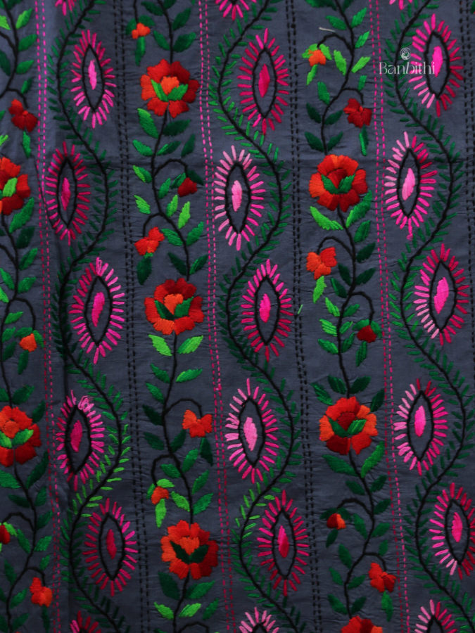 Hand Embroidered Cotton Suit Set – 3 Pcs (Dark Grey)