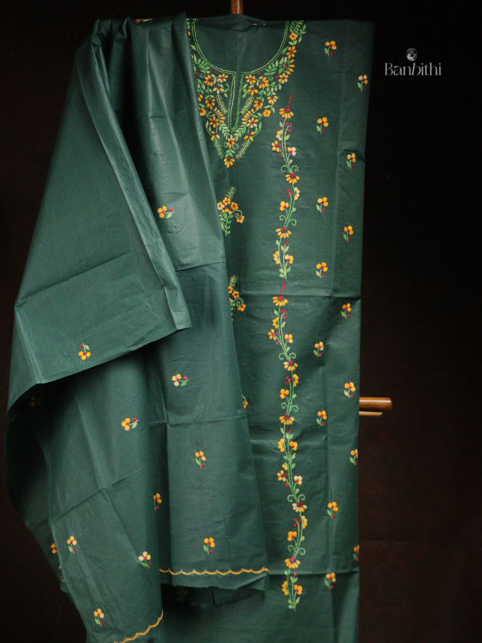 Hand Embroidered Cotton 3-Piece Suit Set - Deep Green