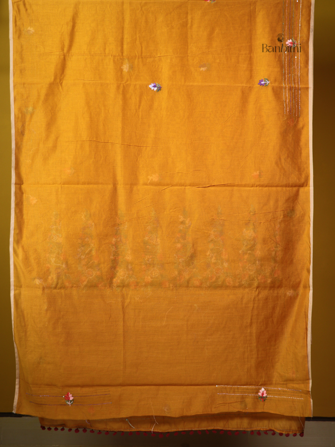 Deep Marigold Multicolour Embroidery Chanderi Saree