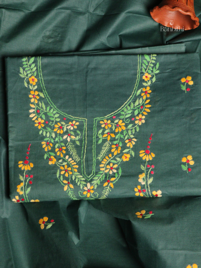 Hand Embroidered Cotton 3-Piece Suit Set - Deep Green