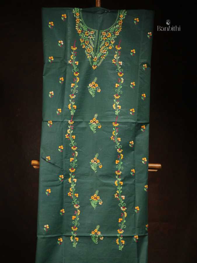 Hand Embroidered Cotton 3-Piece Suit Set - Deep Green