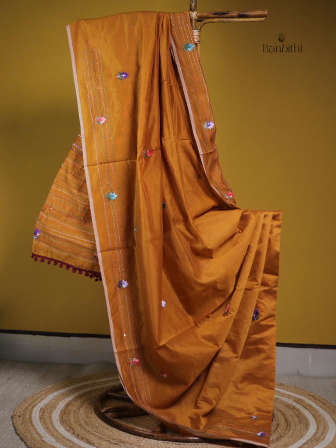 Deep Marigold Multicolour Embroidery Chanderi Saree