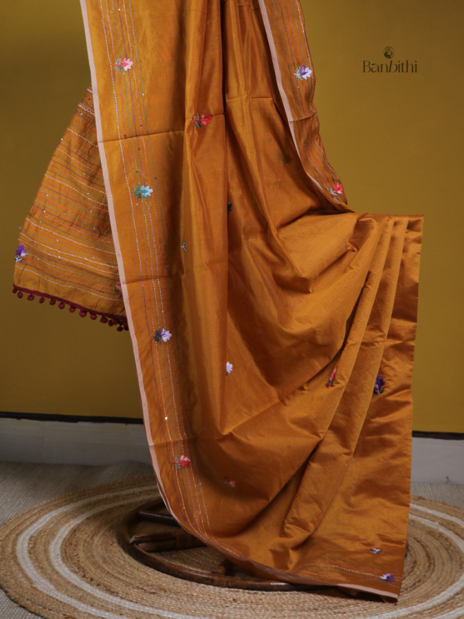 Deep Marigold Multicolour Embroidery Chanderi Saree