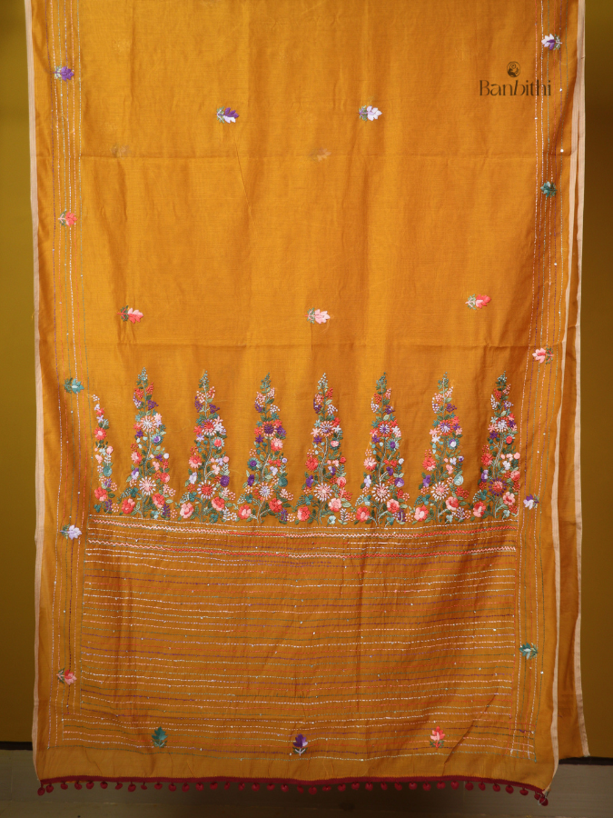 Deep Marigold Multicolour Embroidery Chanderi Saree