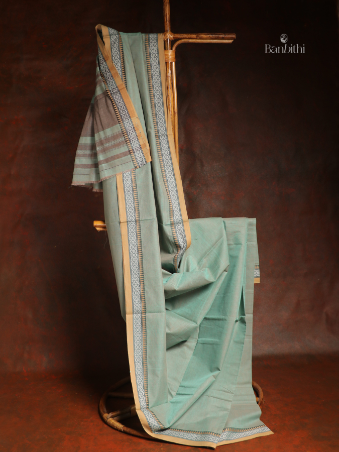 Pure Cotton Handwoven Dhaniakhali Saree – Dual Tone Sea Green