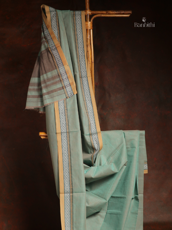 Pure Cotton Handwoven Dhaniakhali Saree – Dual Tone Sea Green