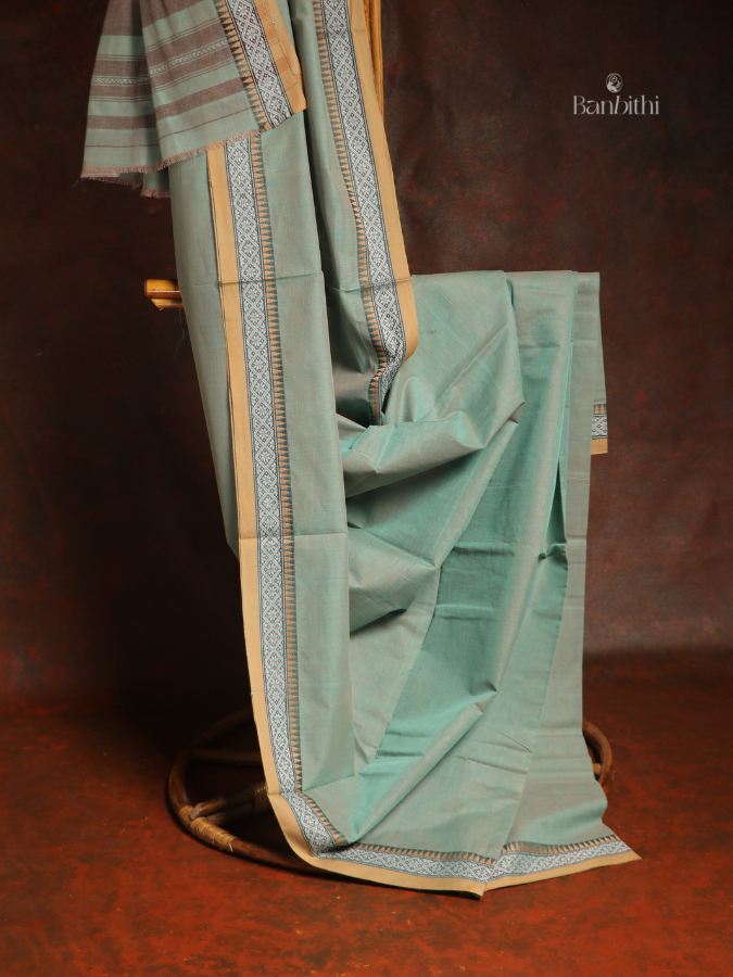 Pure Cotton Handwoven Dhaniakhali Saree – Dual Tone Sea Green