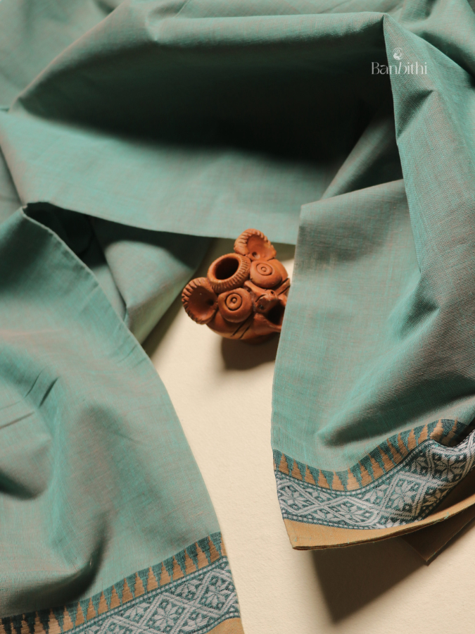Pure Cotton Handwoven Dhaniakhali Saree – Dual Tone Sea Green