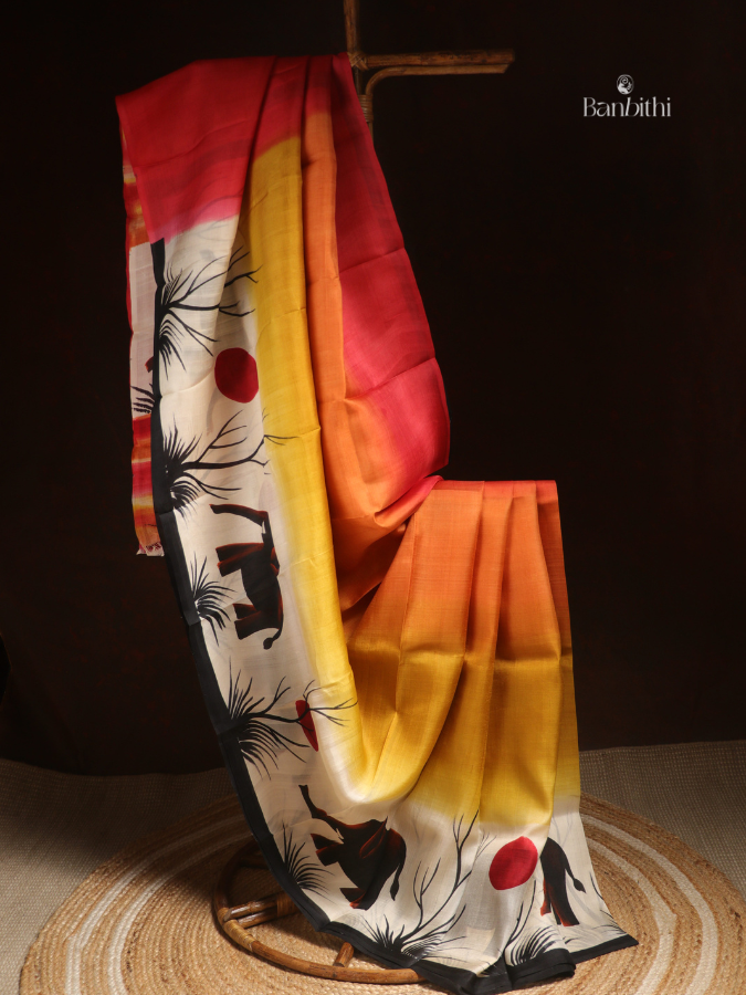 Hand Painted Murshidabad Silk Saree – Yellow Orange