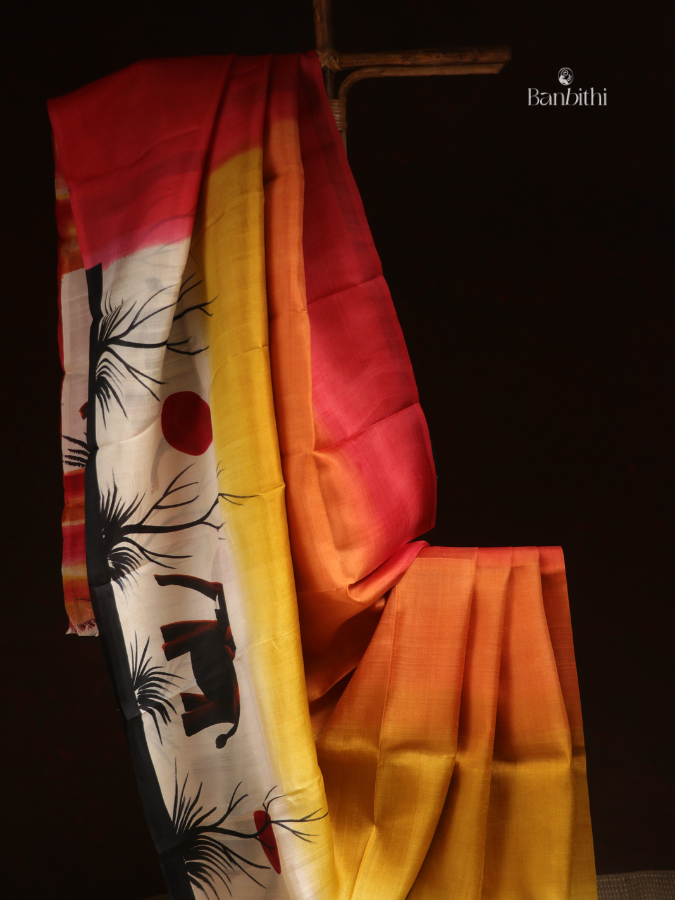 Hand Painted Murshidabad Silk Saree – Yellow Orange