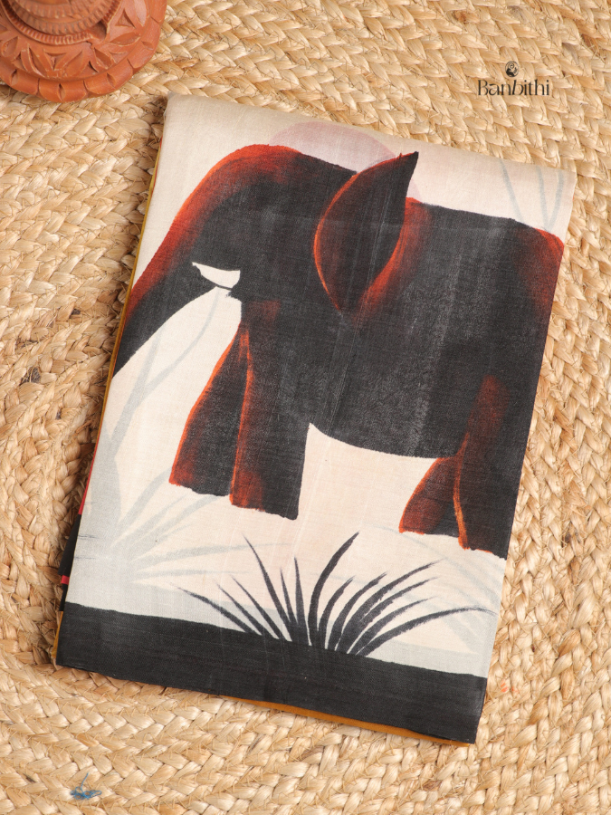 Hand Painted Murshidabad Silk Saree – Yellow Orange