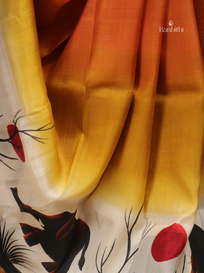 Hand Painted Murshidabad Silk Saree – Yellow Orange