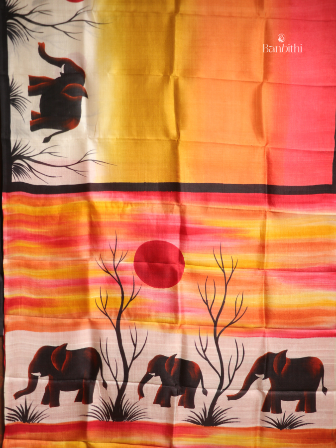 Hand Painted Murshidabad Silk Saree – Yellow Orange