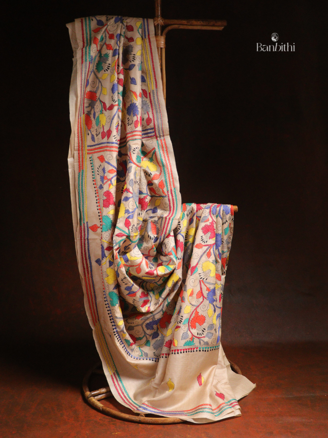 Hand Stitched Kantha Gacchi Tussar Silk Saree – Multicolour