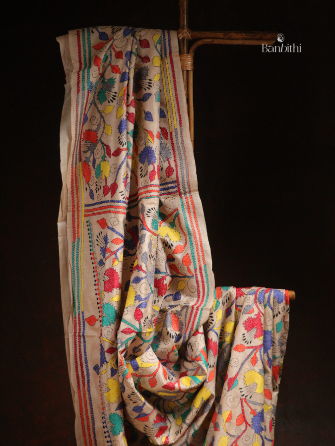 Hand Stitched Kantha Gacchi Tussar Silk Saree – Multicolour