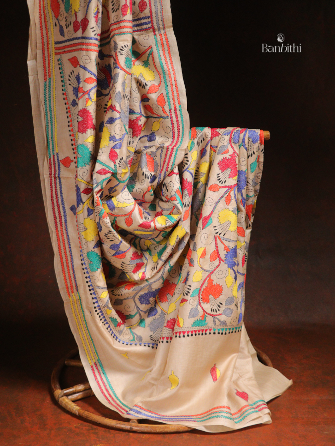 Hand Stitched Kantha Gacchi Tussar Silk Saree – Multicolour