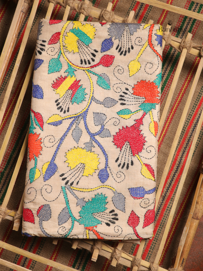 Hand Stitched Kantha Gacchi Tussar Silk Saree – Multicolour