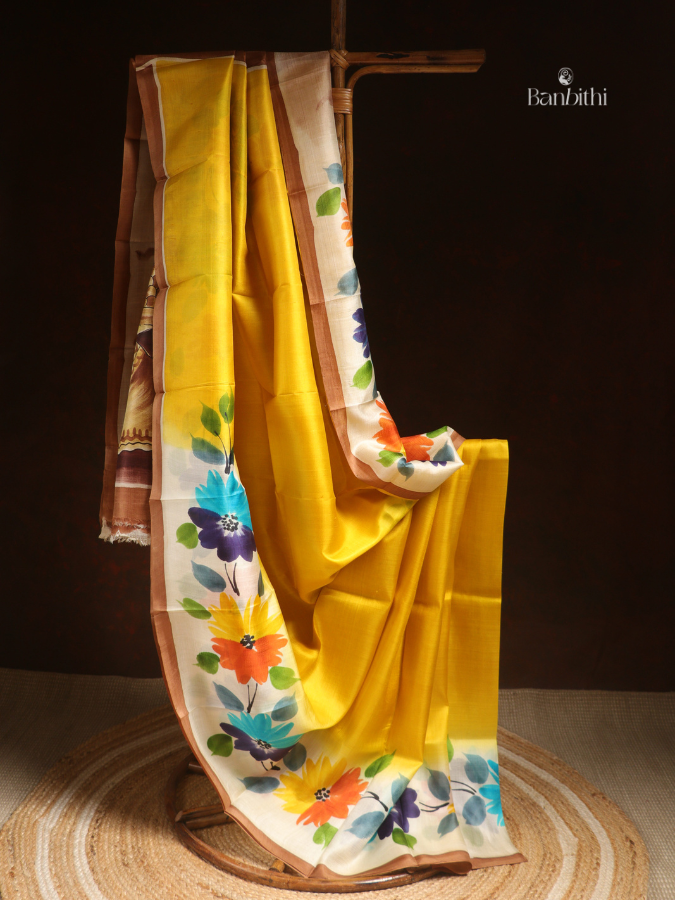 Hand Painted Murshidabad Silk Saree – Mustard Yellow