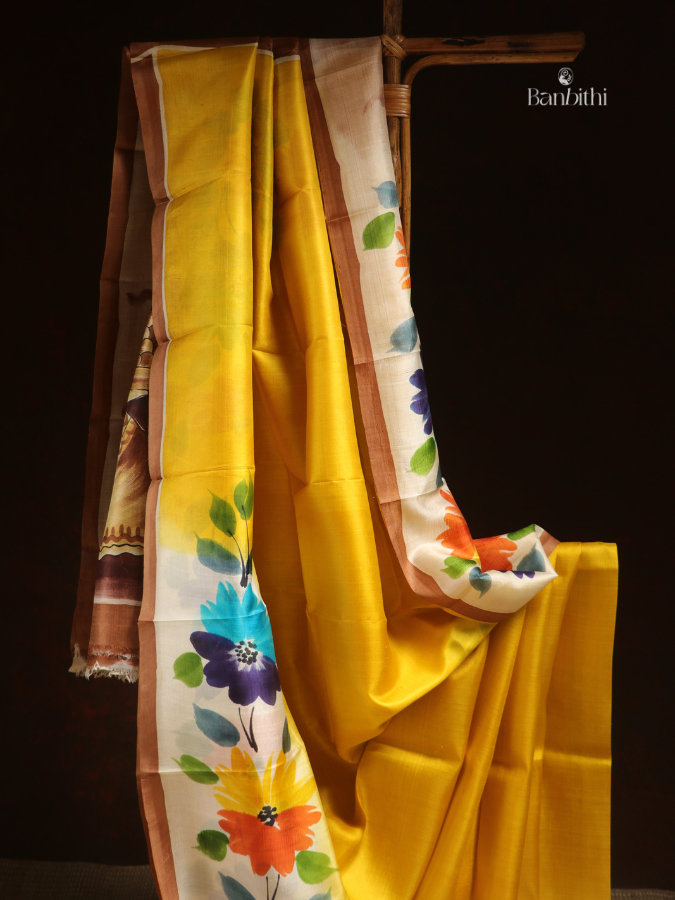 Hand Painted Murshidabad Silk Saree – Mustard Yellow