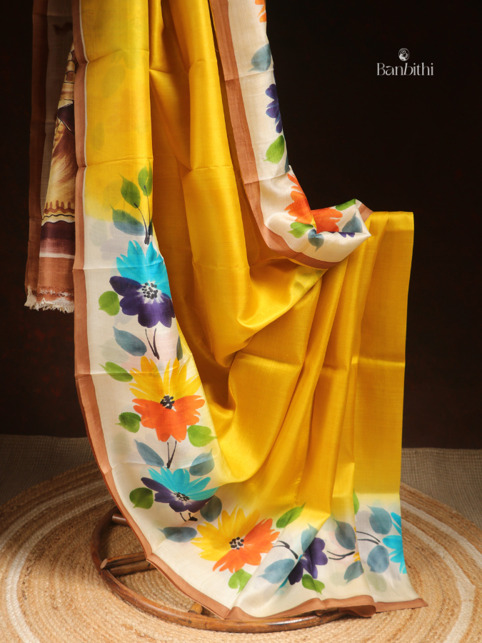 Hand Painted Murshidabad Silk Saree – Mustard Yellow
