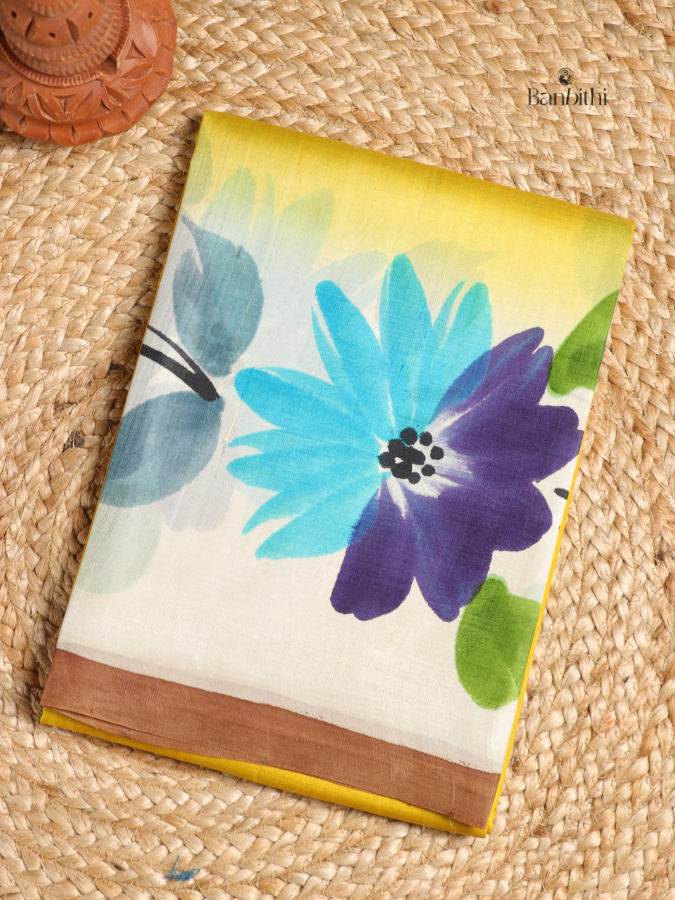 Hand Painted Murshidabad Silk Saree – Mustard Yellow